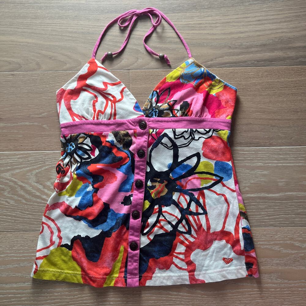 Roxy Y2K Floral Halter Top Medium Button Front Boho Festival